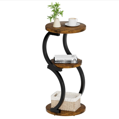 Small Side Table, 3-Tier Round End Table for Living Room, S-Shaped Accent Table for Small Spaces Sofa Couch Bedroom, Vintage Nightstand Wood Metal Coffee Table with Storage Shelf